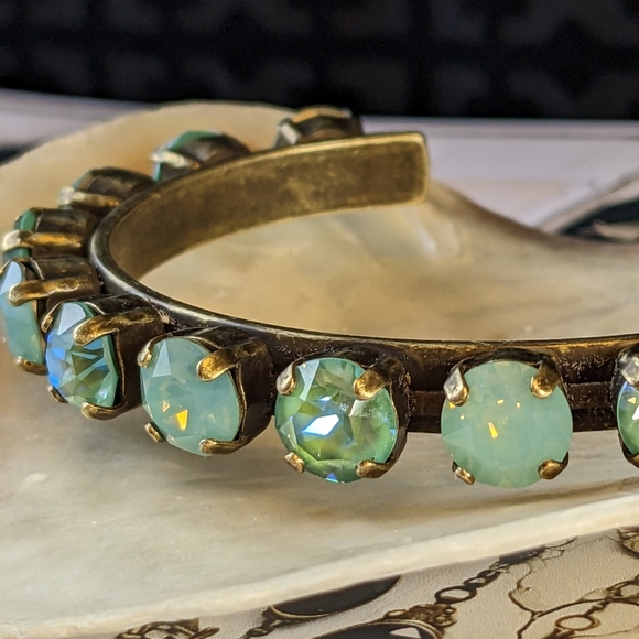 Swarovski Elements Mint Opal & Sage Green Crystals on Cuff Brass Bracelet - Picture 4 of 6
